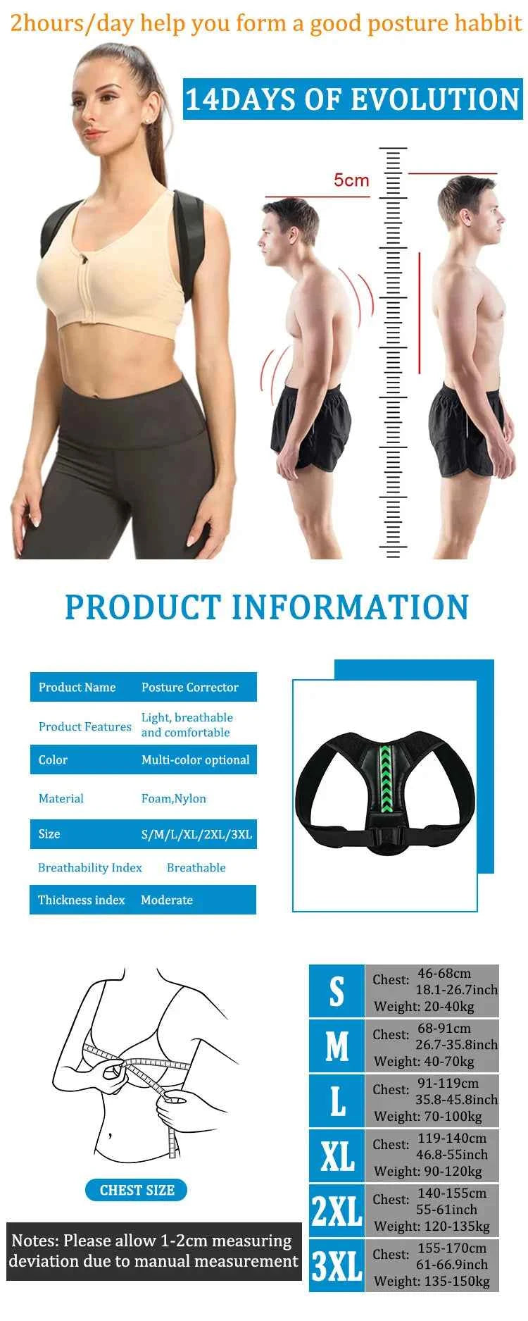 Orthopedic Neoprene Fitness Safety Back Brace Posture Corrector Adjustable Elastic Front Clavicle Straps Comfortable Back